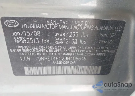 2009 Hyundai Sonata Gls z USA, uszkodzony, nr VIN 5NPET46C29H408649